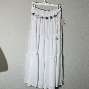 Passport White Tiered Maxi Skirt with Decorative Silver Chain Belt